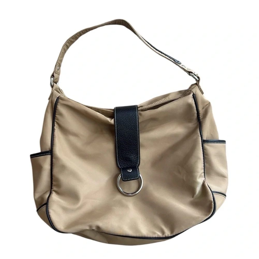 Talbots Tan And Black Trim Nylon And Leather Soft Hobo Bag